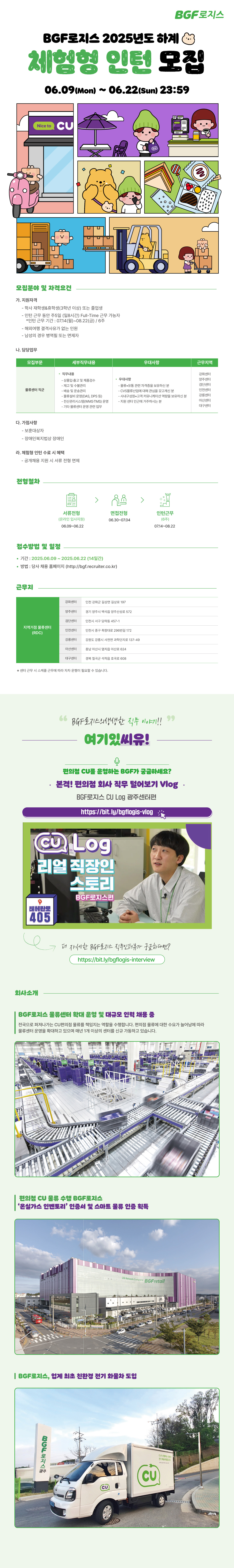 06.09 (Mon) ~ 06.22(sun) 23:59 Nice to CU 모집분야 및 자격요건 가. 지원자격 - - 학사 재학생&휴학생(3학년 이상) 또는 졸업생 인턴 근무 동안 주5일 (일8시간) Full-Time 근무 가능자 *인턴 근무 기간 : 07.14(월)~08.22(금) / 6주 -해외여행 결격사유가 없는 인원 - 남성의 경우 병역필 또는 면제자 나. 담당업무 O ᄋ ~ 모집부문 세부직무내용 직무내용 - 상품입출고 및 제품검수 - 재고 및 수불관리 물류센터 직군 우대사항 근무지역 우대사항 - 물류유통 관련 자격증을 보유하신 분 -배송 및 운송관리 – 물류설비 운영(DAS, DPS 등) - CVS물류산업에 대해 관심을 갖고계신 분 -사내구성원• 고객 커뮤니케이션 역량을 보유하신 분 강화센터 양주센터 검단센터 인천센터 강릉센터 -전산관리시스템(WMS-TMS) 운영 - 지원 센터 인근에 거주하시는 분 아산센터 - 기타물류센터 운영 관련 업무 대구센터 다. 가점사항 - -보훈대상자 – 장애인복지법상 장애인 - 라. 체험형 인턴 수료 시 혜택 ・공개채용 지원 시 서류 전형 면제 전형절차 접수방법 및 일정 > 서류전형 면접전형 인턴근무 (온라인 입사지원) 06.30~07.04 06.09~06.22 (6주) 07.14~08.22 • 기간 : 2025.06.09~2025.06.22 (14일간) 방법 : 당사 채용 홈페이지 (http://bgf.recruiter.co.kr) 근무지 강화센터 인천 강화군 길상면 길상로 197 양주센터 경기 양주시 백석읍 양주산성로 572 검단센터 인천시 서구 당하동 457-1 지역거점 물류센터 인천센터 인천시 중구 축항대로 296번길 172 (RDC) 강릉센터 강원도 강릉시 사천면 과학단지로 137-49 아산센터 충남 아산시 염치읍 아산로 624 대구센터 경북 칠곡군 석적읍 호국로 608 ※ 센터 근무 시 스케줄 근무에 따라 자차 운행이 필요할 수 있습니다. ● BGF로지스의 생생한 직무 이야기!!" 여기있씨유! 편의점 CU를 운영하는 BGF가 궁금하세요? 본격! 편의점 회사 직무 털어보기 Vlog BGF로지스 CU Log 광주센터편 https://bit.ly/bgflogis-vlog * CU Log 리얼 직장인 스토리 BGF로지스편 테헤란로 405 e 더 자세한 BGF로지스 직무인터뷰가 궁금하다면? https://bit.ly/bgflogis-interview 회사소개 BGF로지스 물류센터 확대 운영 및 대규모 인력 채용 중 전국으로 퍼져나가는 CU편의점 물류를 책임지는 역할을 수행합니다. 편의점 물류에 대한 수요가 늘어남에 따라 물류센터 운영을 확대하고 있으며 매년 1개 이상의 센터를 신규 가동하고 있습니다. 7구역 구역 편의점 CU 물류 수행 BGF로지스 '온실가스 인벤토리' 인증서 및 스마트 물류 인증 획득 Life Network Company BGFretail | BGF로지스, 업계 최초 친환경 전기화물차 도입 광주 CU CU CU가 운행하는 친환경 전기 배송차량입니다. NOON EXONIC Se