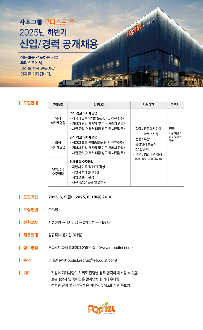 식문화를 선도하는 기업, 푸디스트에서 미래를 함께 만들어갈 인재를 기다립니다. | 모집안내 모집부문 Fodist 외식 식자재영업 급식 식자재영업 업무내용 외식 경로 식자재영업 -식자재 유통 영업(납품상담 및 신규수주) 관리(재계약 및 기존 거래처 관리) -거래처 -채권관리(거래처 대금 청구 및 채권업무) 급식 경로 식자재영업 -식자재 유통 영업(납품상담 및 신규수주) 관리(재계약 및 기존 거래처 관리) -거래처 -채권관리(거래처 대금 청구 및 채권업무) 단체급식 수주영업 * 자격요건 근무지 ・학력 : 전문학사이상 전국 학위소지자 ・전공: 무관 ・운전면허 보유자 신입/경력 •경력 : 영업 2년 이상 (식품, 유통, B2B 영업 등) 서울/세종/ 광주/김해/ 대구 - 제안서 기획 및 PPT 작성 단체급식 수주영업 - 제안서 프레젠테이션 -사업장 손익분석 -신규사업장 오픈 및 인허가 | 모집기간 2025.6.9(월)-2025. 6. 18(수) 24:00 |모집인원 | 전형절차 서류전형 → 1차면접 → 2차면접 → 최종합격 | 채용형태 정규직(시용기간 3개월) | 접수방법 푸디스트 채용홈페이지 온라인 접수 (www.efoodist.com) | 문의 이메일 문의(foodist.recruit@efoodist.com) | 기타 - 지원서 기재사항이 허위로 판명날 경우 합격이 취소될 수 있음 - 보훈대상자 및 장애인은 관계법령에 의거 우대함 -전형별 결과 및 세부일정은 이메일, SMS로 개별 통보함 Fodíst FOOD FIRST